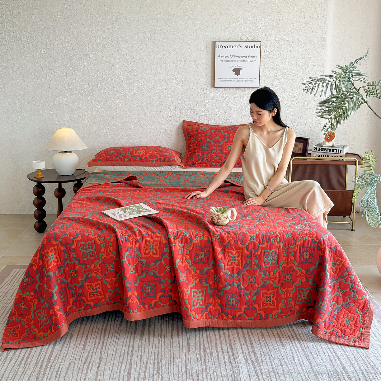 91家纺网 家纺一手货源 找家纺 棠薇家纺 2026新款纱布盖毯长绒棉纱布毛巾被夏被单双人棉纱盖毯毛巾毯夏季夏凉被空调被毯子可铺可盖床盖 年华红