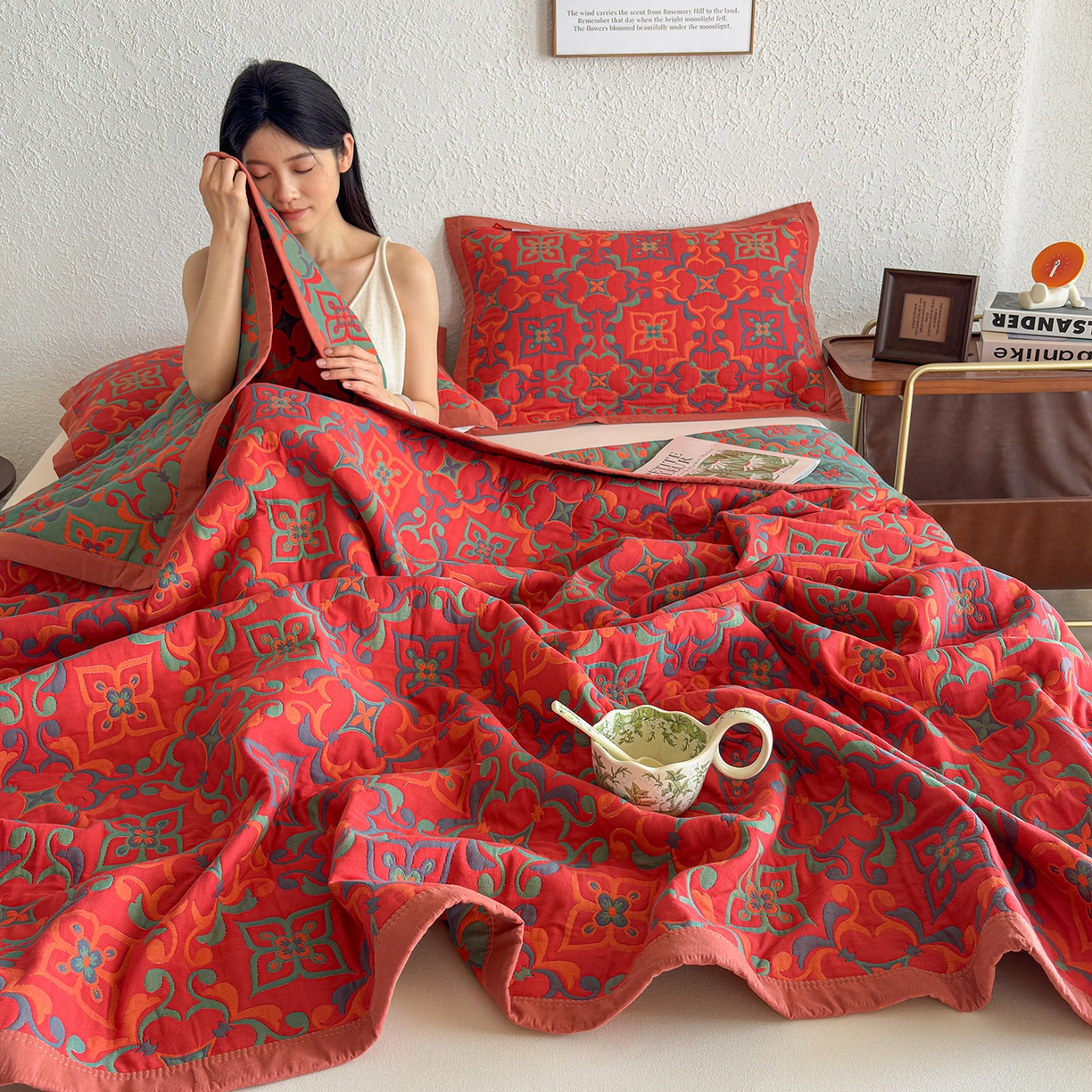 91家纺网 家纺一手货源 找家纺 棠薇家纺 2026新款纱布盖毯长绒棉纱布毛巾被夏被单双人棉纱盖毯毛巾毯夏季夏凉被空调被毯子可铺可盖床盖 年华红