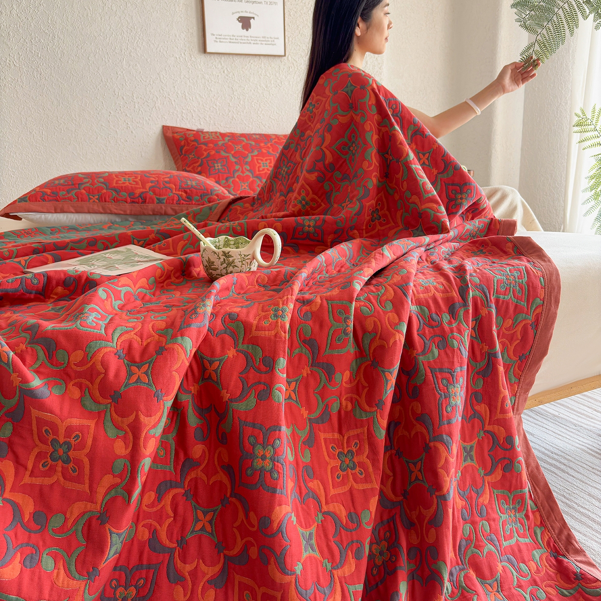 91家纺网 家纺一手货源 找家纺 棠薇家纺 2026新款纱布盖毯长绒棉纱布毛巾被夏被单双人棉纱盖毯毛巾毯夏季夏凉被空调被毯子可铺可盖床盖 年华红