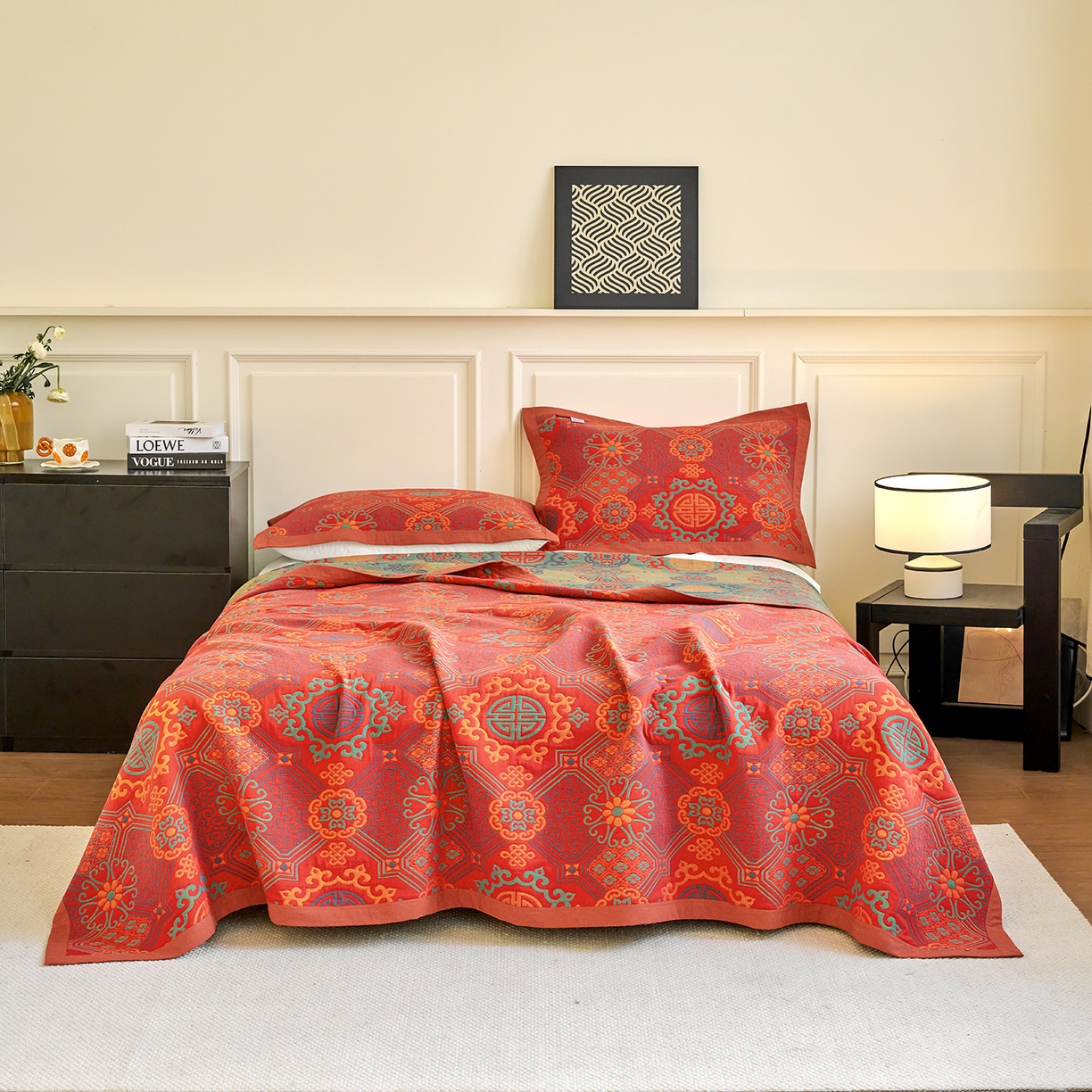 91家纺网 家纺一手货源 找家纺 棠薇家纺 2026新款纱布盖毯长绒棉纱布毛巾被夏被单双人棉纱盖毯毛巾毯夏季夏凉被空调被毯子可铺可盖床盖 盛世繁华