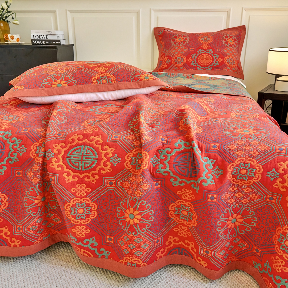 91家纺网 家纺一手货源 找家纺 棠薇家纺 2026新款纱布盖毯长绒棉纱布毛巾被夏被单双人棉纱盖毯毛巾毯夏季夏凉被空调被毯子可铺可盖床盖 盛世繁华