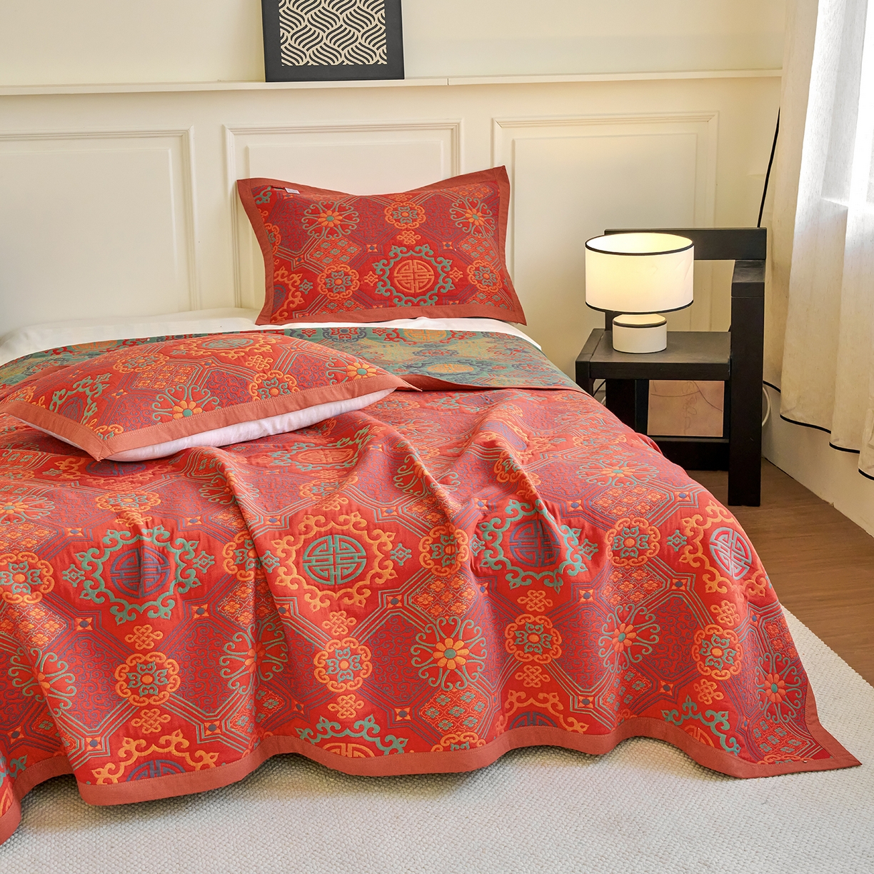 91家纺网 家纺一手货源 找家纺 棠薇家纺 2026新款纱布盖毯长绒棉纱布毛巾被夏被单双人棉纱盖毯毛巾毯夏季夏凉被空调被毯子可铺可盖床盖 盛世繁华