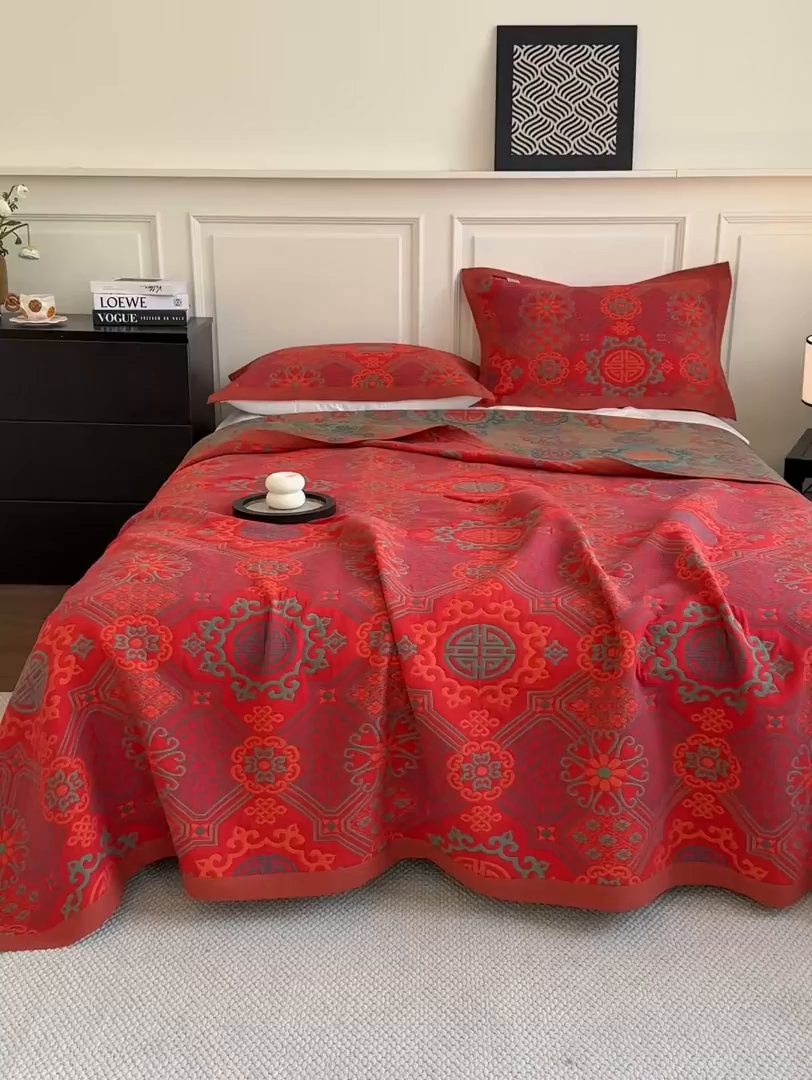 91家纺网 家纺一手货源 找家纺 棠薇家纺 2026新款纱布盖毯长绒棉纱布毛巾被夏被单双人棉纱盖毯毛巾毯夏季夏凉被空调被毯子可铺可盖床盖 盛世繁华