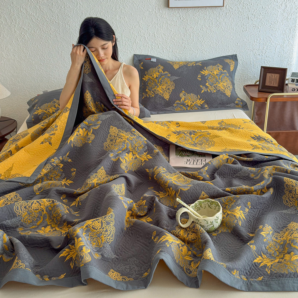 91家纺网 家纺一手货源 找家纺 棠薇家纺 2026新款纱布盖毯长绒棉纱布毛巾被夏被单双人棉纱盖毯毛巾毯夏季夏凉被空调被毯子可铺可盖床盖 时光笔墨