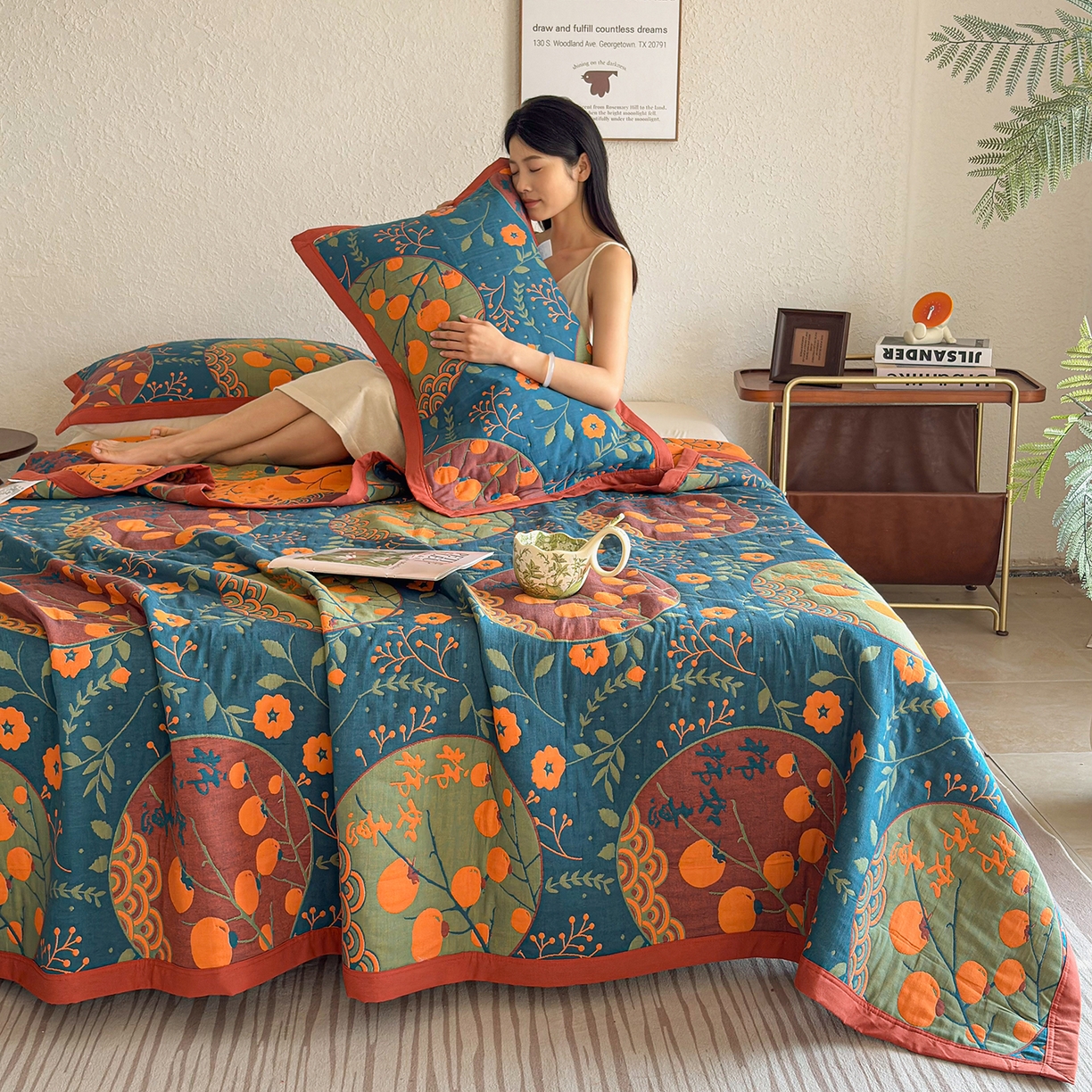 棠薇家纺 2026新款纱布盖毯长绒棉纱布毛巾被夏被单双人棉纱盖毯毛巾毯夏季夏凉被空调被毯子可铺可盖床盖 柿柿如意