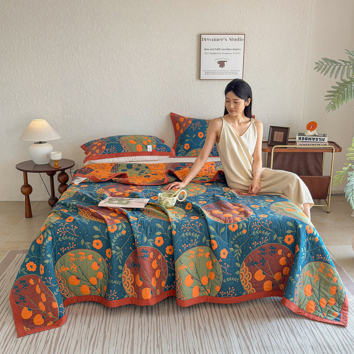 91家纺网 家纺一手货源 找家纺 棠薇家纺 2026新款纱布盖毯长绒棉纱布毛巾被夏被单双人棉纱盖毯毛巾毯夏季夏凉被空调被毯子可铺可盖床盖 柿柿如意