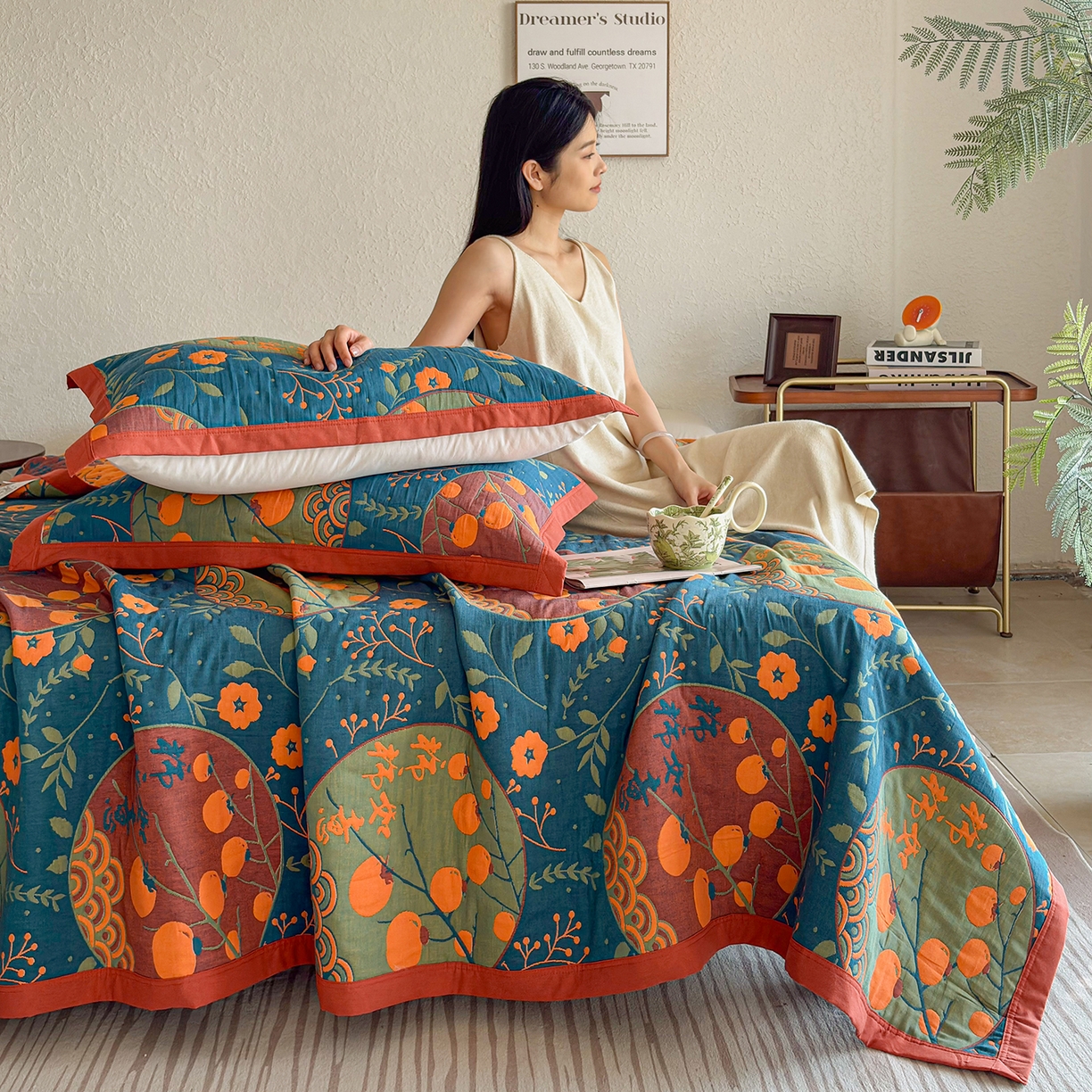 91家纺网 家纺一手货源 找家纺 棠薇家纺 2026新款纱布盖毯长绒棉纱布毛巾被夏被单双人棉纱盖毯毛巾毯夏季夏凉被空调被毯子可铺可盖床盖 柿柿如意