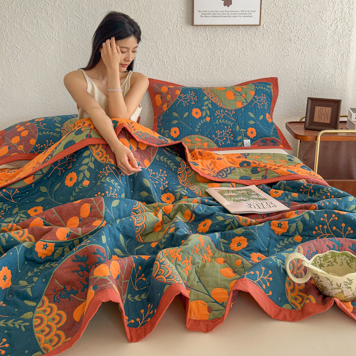 91家纺网 家纺一手货源 找家纺 棠薇家纺 2026新款纱布盖毯长绒棉纱布毛巾被夏被单双人棉纱盖毯毛巾毯夏季夏凉被空调被毯子可铺可盖床盖 柿柿如意