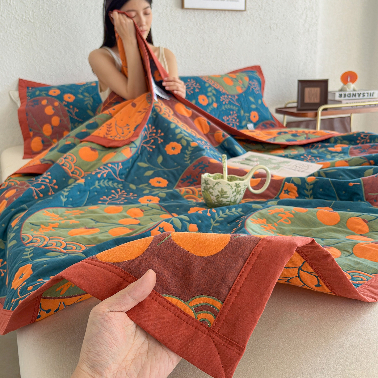 91家纺网 家纺一手货源 找家纺 棠薇家纺 2026新款纱布盖毯长绒棉纱布毛巾被夏被单双人棉纱盖毯毛巾毯夏季夏凉被空调被毯子可铺可盖床盖 柿柿如意