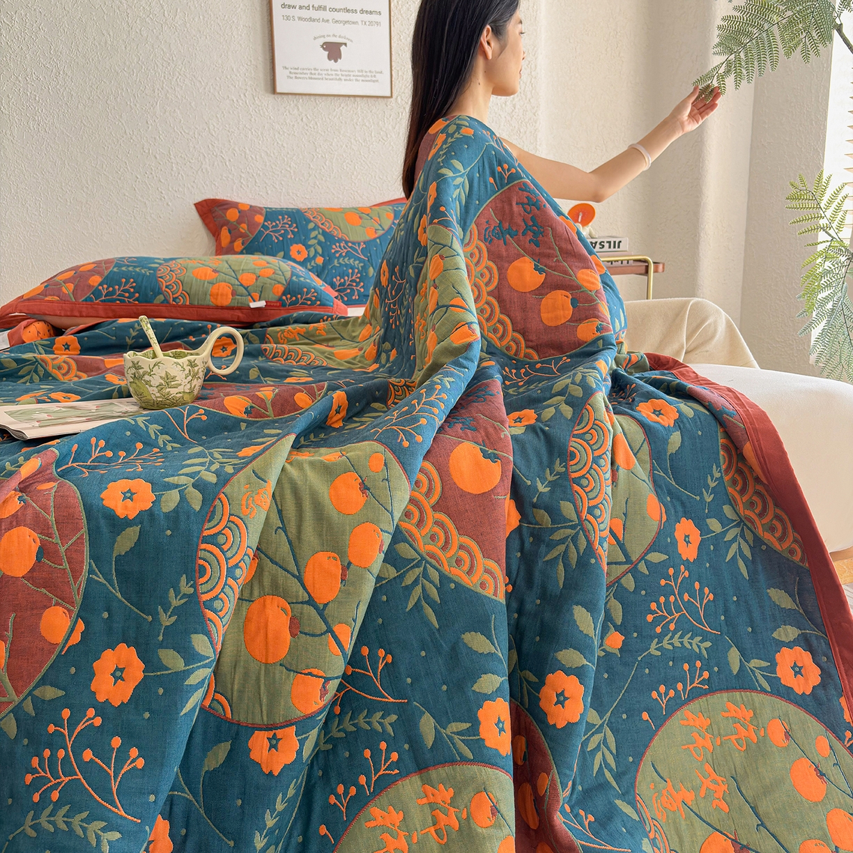 91家纺网 家纺一手货源 找家纺 棠薇家纺 2026新款纱布盖毯长绒棉纱布毛巾被夏被单双人棉纱盖毯毛巾毯夏季夏凉被空调被毯子可铺可盖床盖 柿柿如意