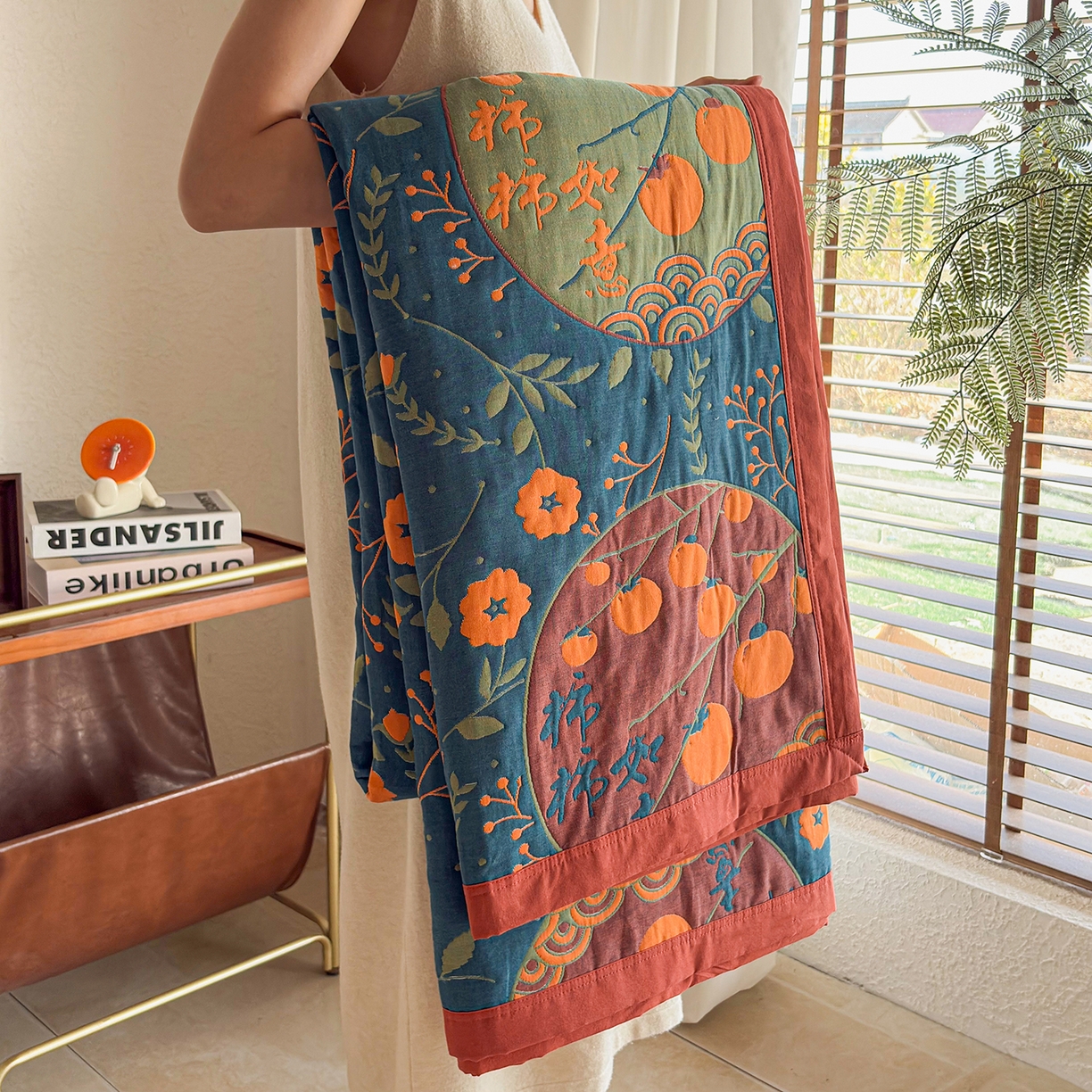 91家纺网 家纺一手货源 找家纺 棠薇家纺 2026新款纱布盖毯长绒棉纱布毛巾被夏被单双人棉纱盖毯毛巾毯夏季夏凉被空调被毯子可铺可盖床盖 柿柿如意