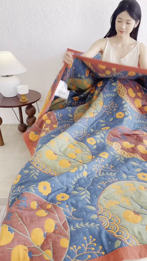 91家纺网 家纺一手货源 找家纺 棠薇家纺 2026新款纱布盖毯长绒棉纱布毛巾被夏被单双人棉纱盖毯毛巾毯夏季夏凉被空调被毯子可铺可盖床盖 柿柿如意