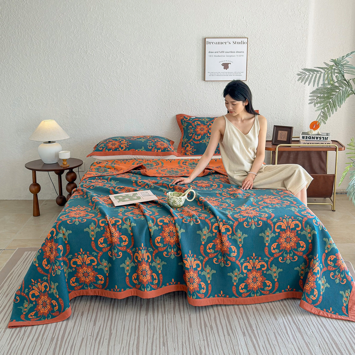 91家纺网 家纺一手货源 找家纺 棠薇家纺 2026新款纱布盖毯长绒棉纱布毛巾被夏被单双人棉纱盖毯毛巾毯夏季夏凉被空调被毯子可铺可盖床盖 温婉花境