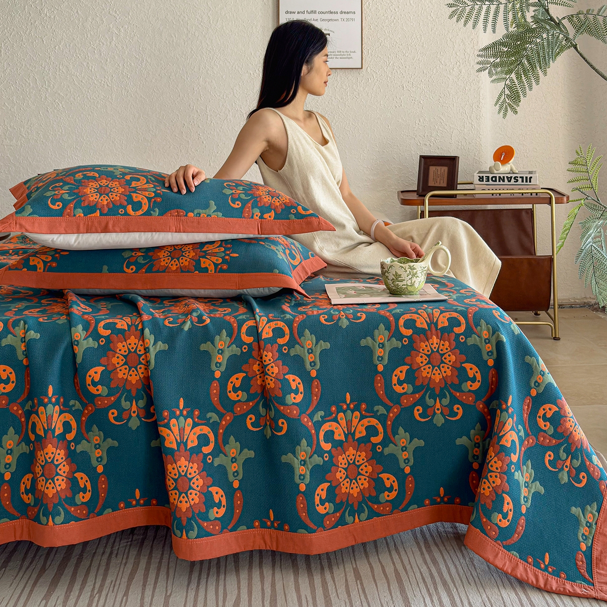 91家纺网 家纺一手货源 找家纺 棠薇家纺 2026新款纱布盖毯长绒棉纱布毛巾被夏被单双人棉纱盖毯毛巾毯夏季夏凉被空调被毯子可铺可盖床盖 温婉花境