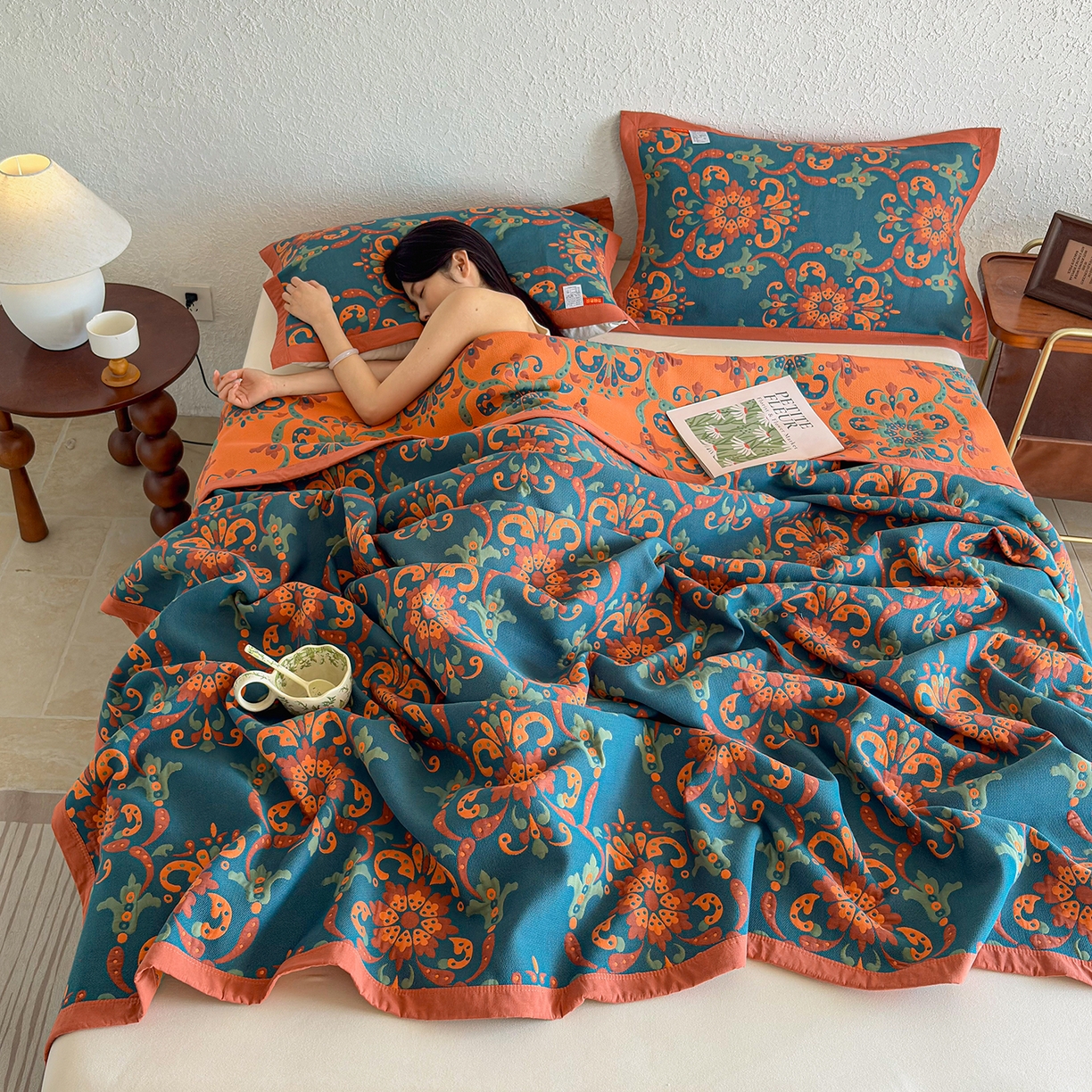 91家纺网 家纺一手货源 找家纺 棠薇家纺 2026新款纱布盖毯长绒棉纱布毛巾被夏被单双人棉纱盖毯毛巾毯夏季夏凉被空调被毯子可铺可盖床盖 温婉花境