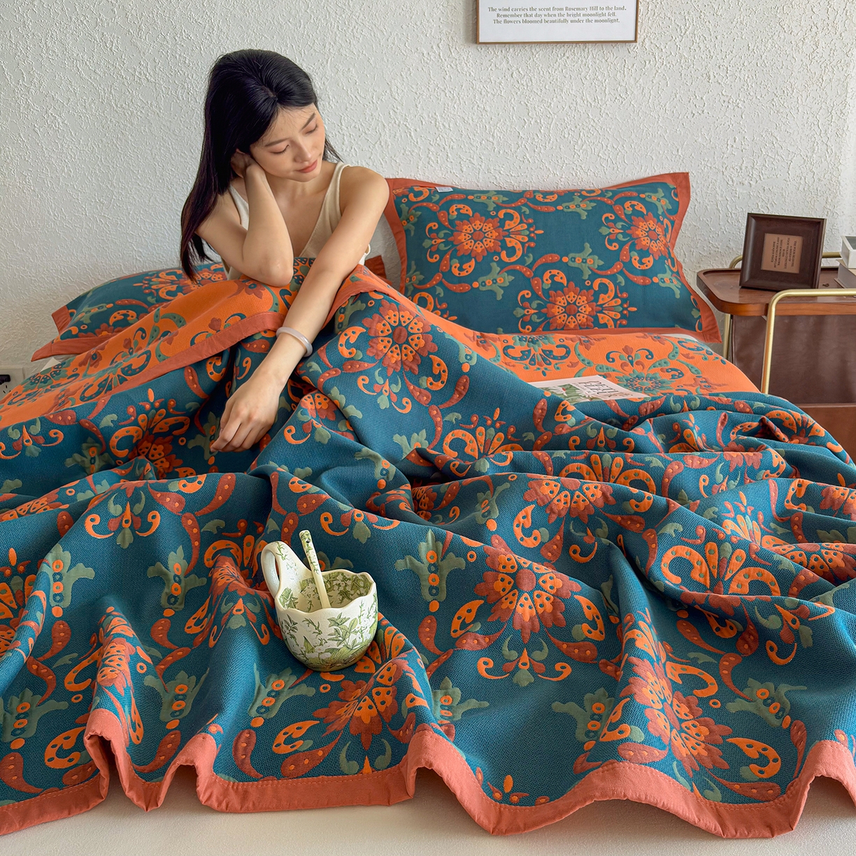 91家纺网 家纺一手货源 找家纺 棠薇家纺 2026新款纱布盖毯长绒棉纱布毛巾被夏被单双人棉纱盖毯毛巾毯夏季夏凉被空调被毯子可铺可盖床盖 温婉花境