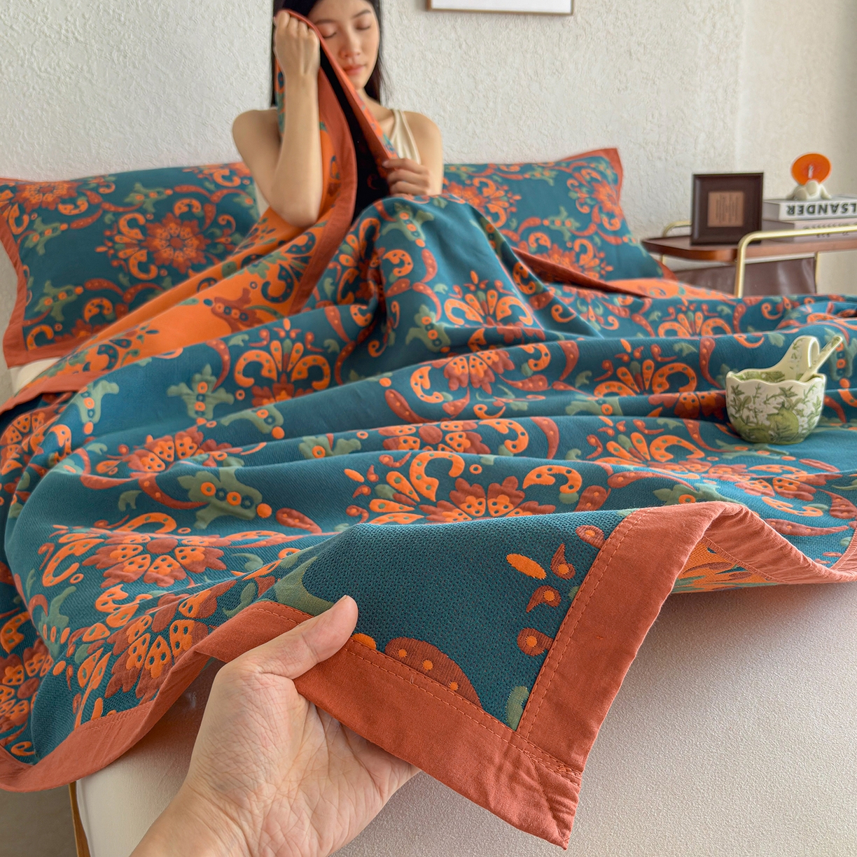 91家纺网 家纺一手货源 找家纺 棠薇家纺 2026新款纱布盖毯长绒棉纱布毛巾被夏被单双人棉纱盖毯毛巾毯夏季夏凉被空调被毯子可铺可盖床盖 温婉花境