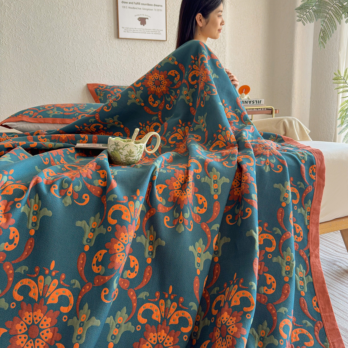 91家纺网 家纺一手货源 找家纺 棠薇家纺 2026新款纱布盖毯长绒棉纱布毛巾被夏被单双人棉纱盖毯毛巾毯夏季夏凉被空调被毯子可铺可盖床盖 温婉花境