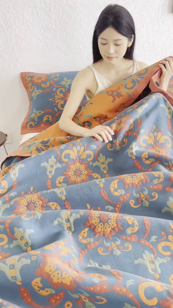 91家纺网 家纺一手货源 找家纺 棠薇家纺 2026新款纱布盖毯长绒棉纱布毛巾被夏被单双人棉纱盖毯毛巾毯夏季夏凉被空调被毯子可铺可盖床盖 温婉花境