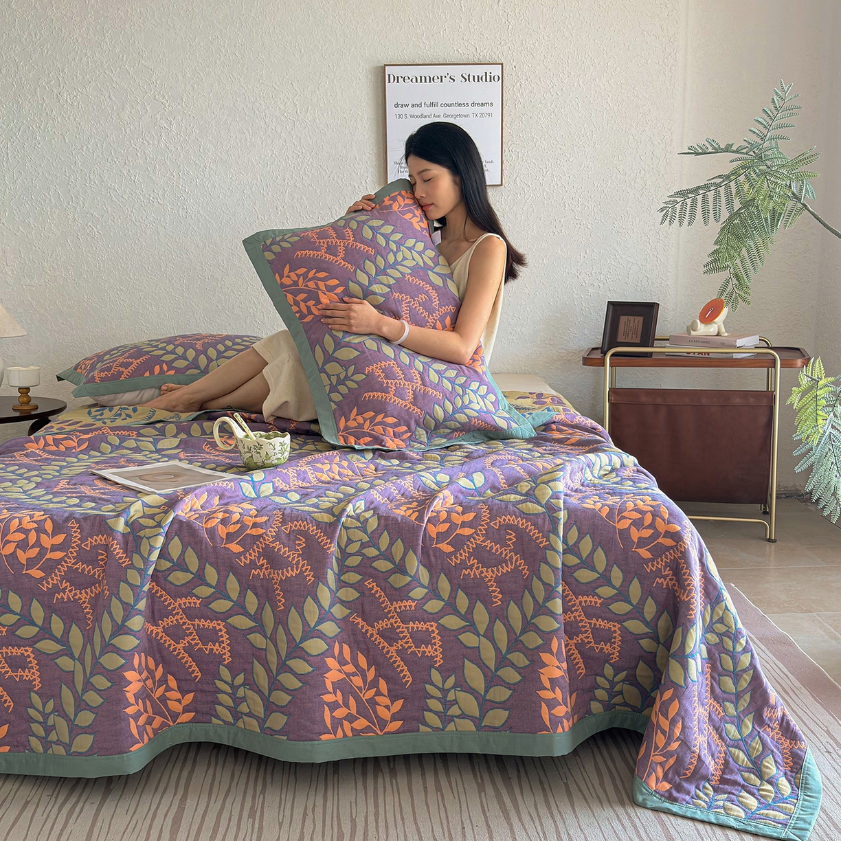 棠薇家纺 2026新款纱布盖毯长绒棉纱布毛巾被夏被单双人棉纱盖毯毛巾毯夏季夏凉被空调被毯子可铺可盖床盖 夏日森林