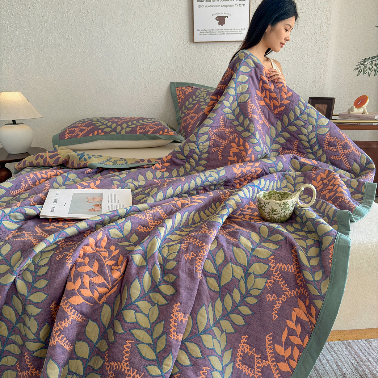 91家纺网 家纺一手货源 找家纺 棠薇家纺 2026新款纱布盖毯长绒棉纱布毛巾被夏被单双人棉纱盖毯毛巾毯夏季夏凉被空调被毯子可铺可盖床盖 夏日森林