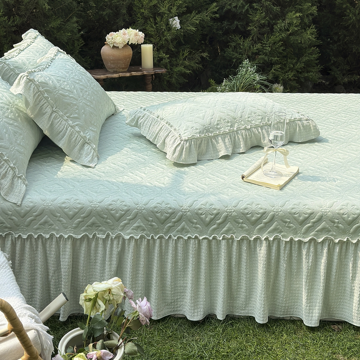 91家纺网 家纺一手货源 找家纺 乐朵家居 2026新款 蒂梵朵 （复合）凉豆豆 凉席三件套 抹茶绿