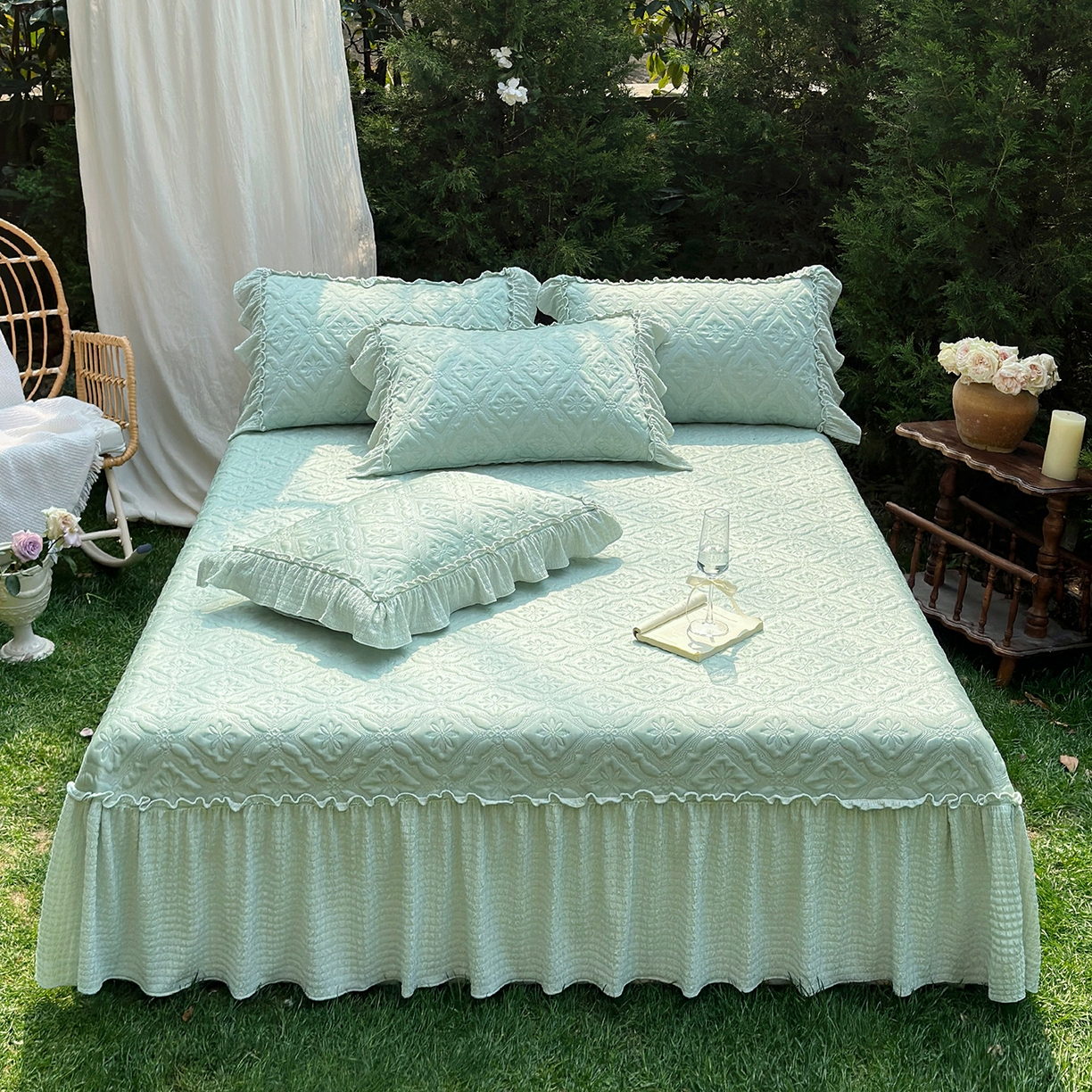 91家纺网 家纺一手货源 找家纺 乐朵家居 2026新款 蒂梵朵 （复合）凉豆豆 凉席三件套 抹茶绿