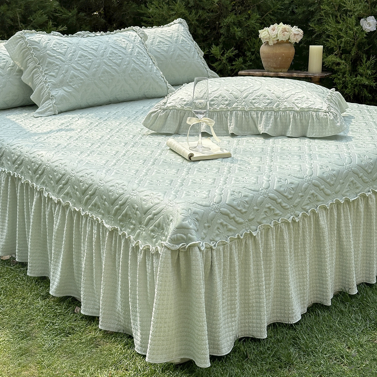 91家纺网 家纺一手货源 找家纺 乐朵家居 2026新款 蒂梵朵 （复合）凉豆豆 凉席三件套 抹茶绿