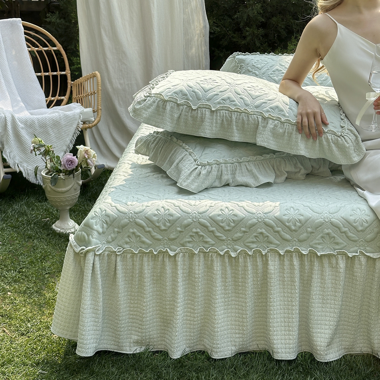 91家纺网 家纺一手货源 找家纺 乐朵家居 2026新款 蒂梵朵 （复合）凉豆豆 凉席三件套 抹茶绿