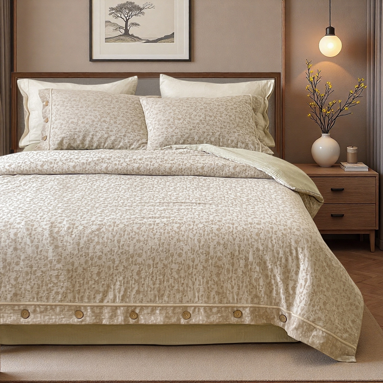 91家纺网 家纺一手货源 找家纺 树下 2026新款A类色织提花纽扣款棉麻四件套 曼眉