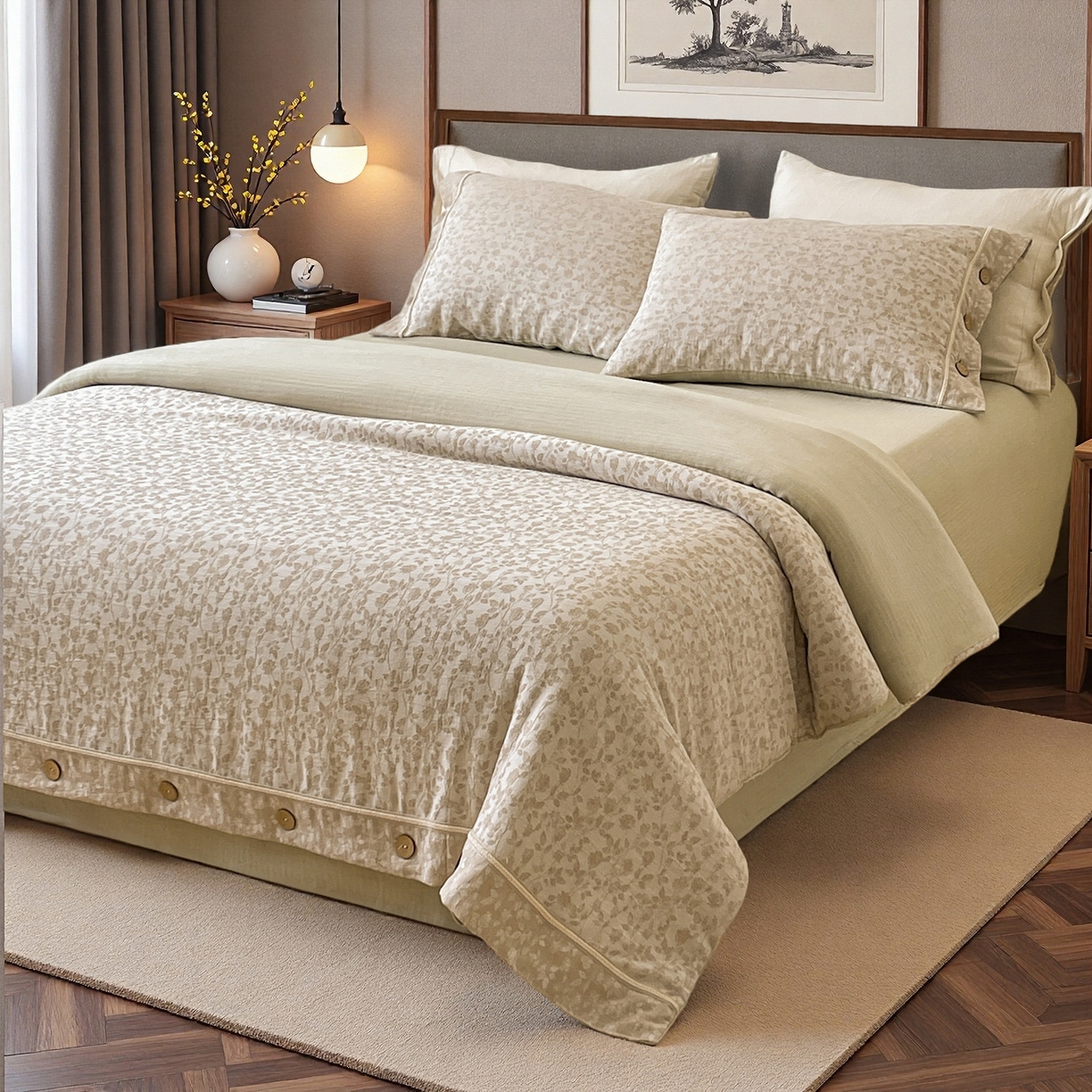 91家纺网 家纺一手货源 找家纺 树下 2026新款A类色织提花纽扣款棉麻四件套 曼眉