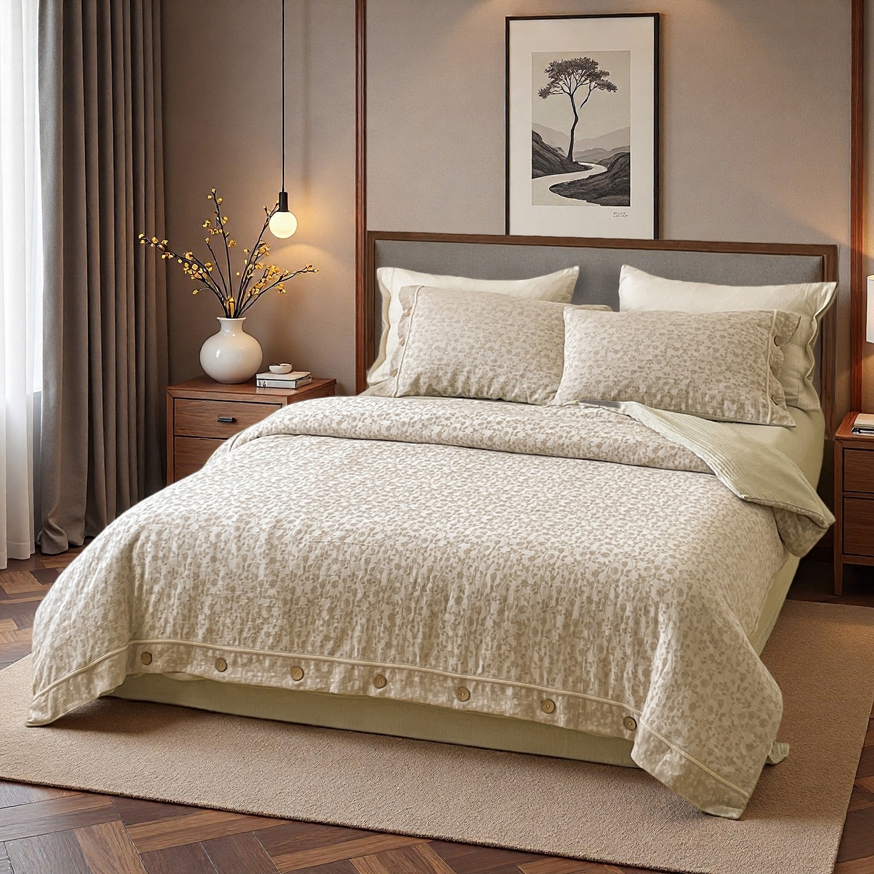 91家纺网 家纺一手货源 找家纺 树下 2026新款A类色织提花纽扣款棉麻四件套 曼眉