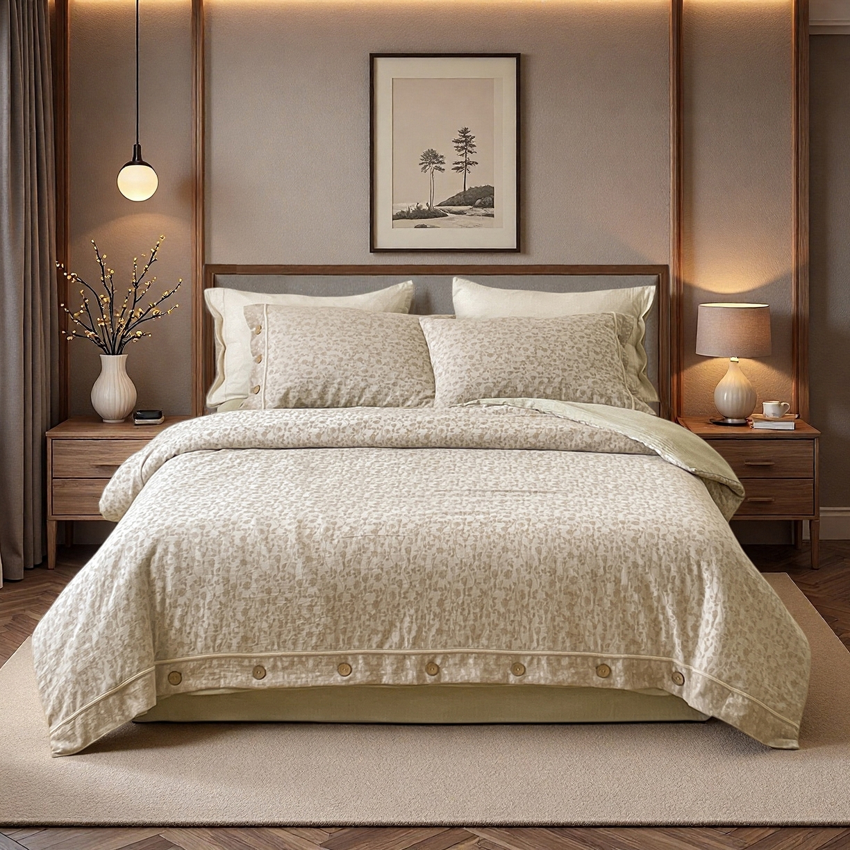 91家纺网 家纺一手货源 找家纺 树下 2026新款A类色织提花纽扣款棉麻四件套 曼眉