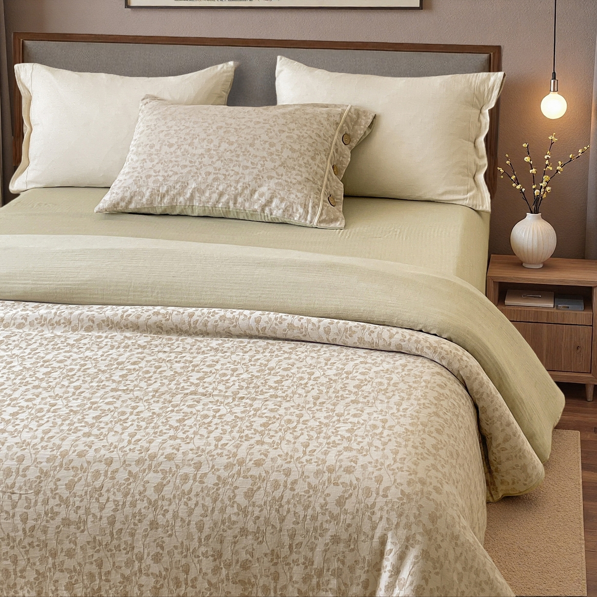 91家纺网 家纺一手货源 找家纺 树下 2026新款A类色织提花纽扣款棉麻四件套 曼眉