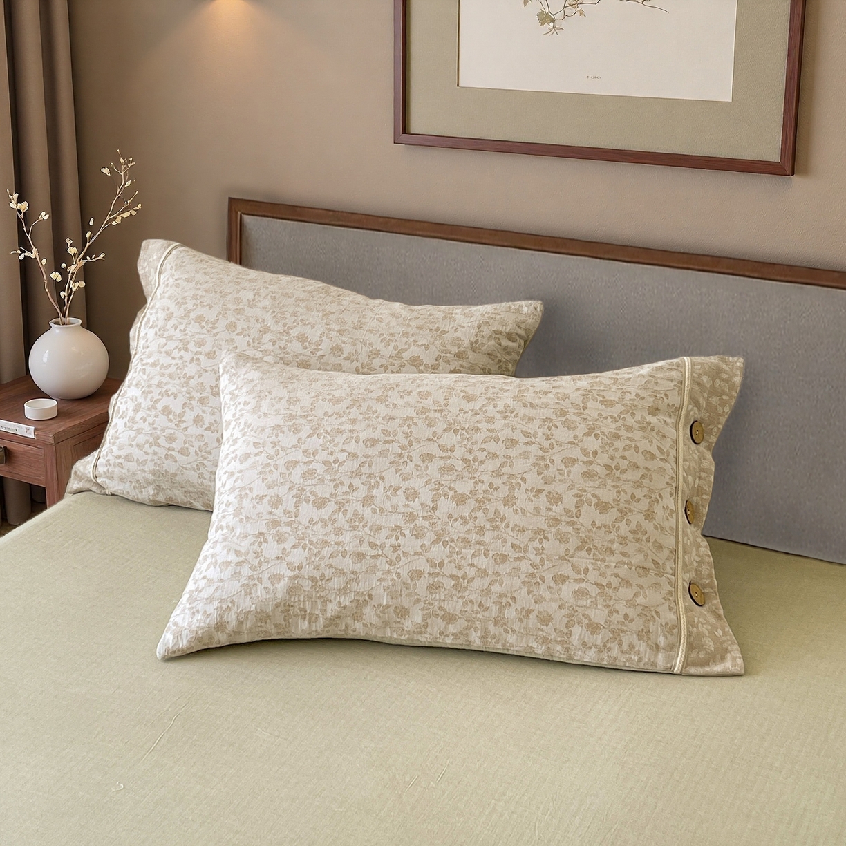 91家纺网 家纺一手货源 找家纺 树下 2026新款A类色织提花纽扣款棉麻四件套 曼眉