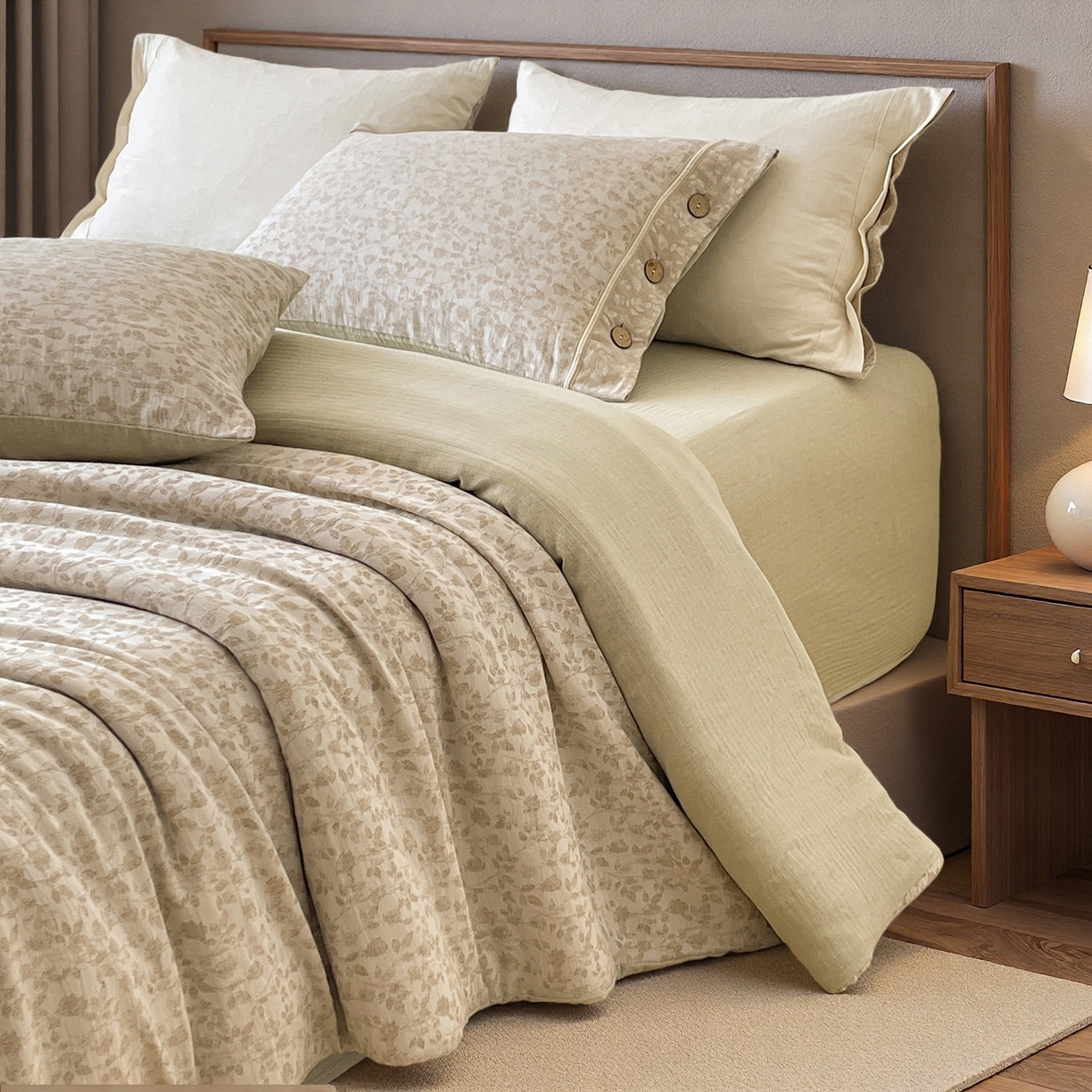 91家纺网 家纺一手货源 找家纺 树下 2026新款A类色织提花纽扣款棉麻四件套 曼眉