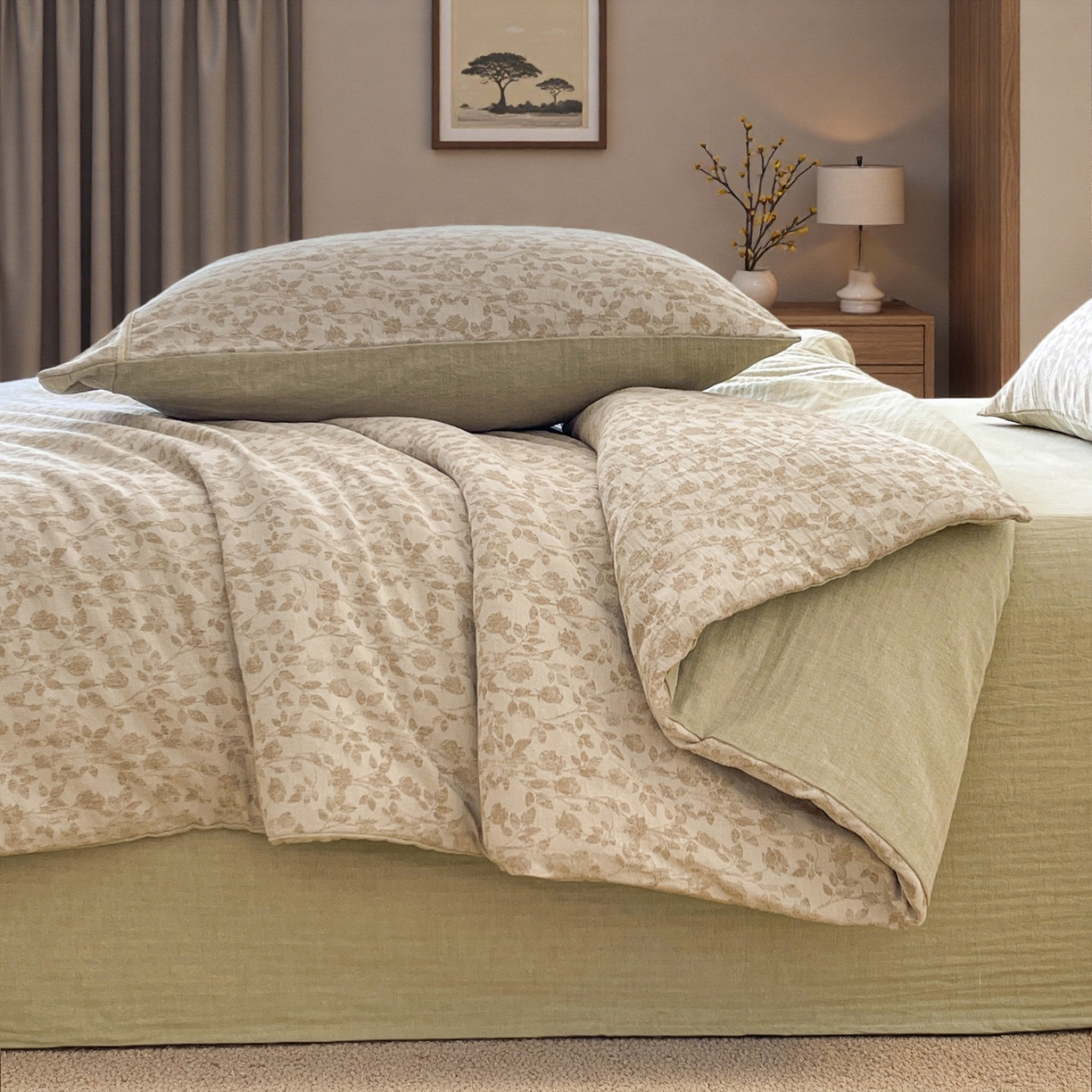 91家纺网 家纺一手货源 找家纺 树下 2026新款A类色织提花纽扣款棉麻四件套 曼眉