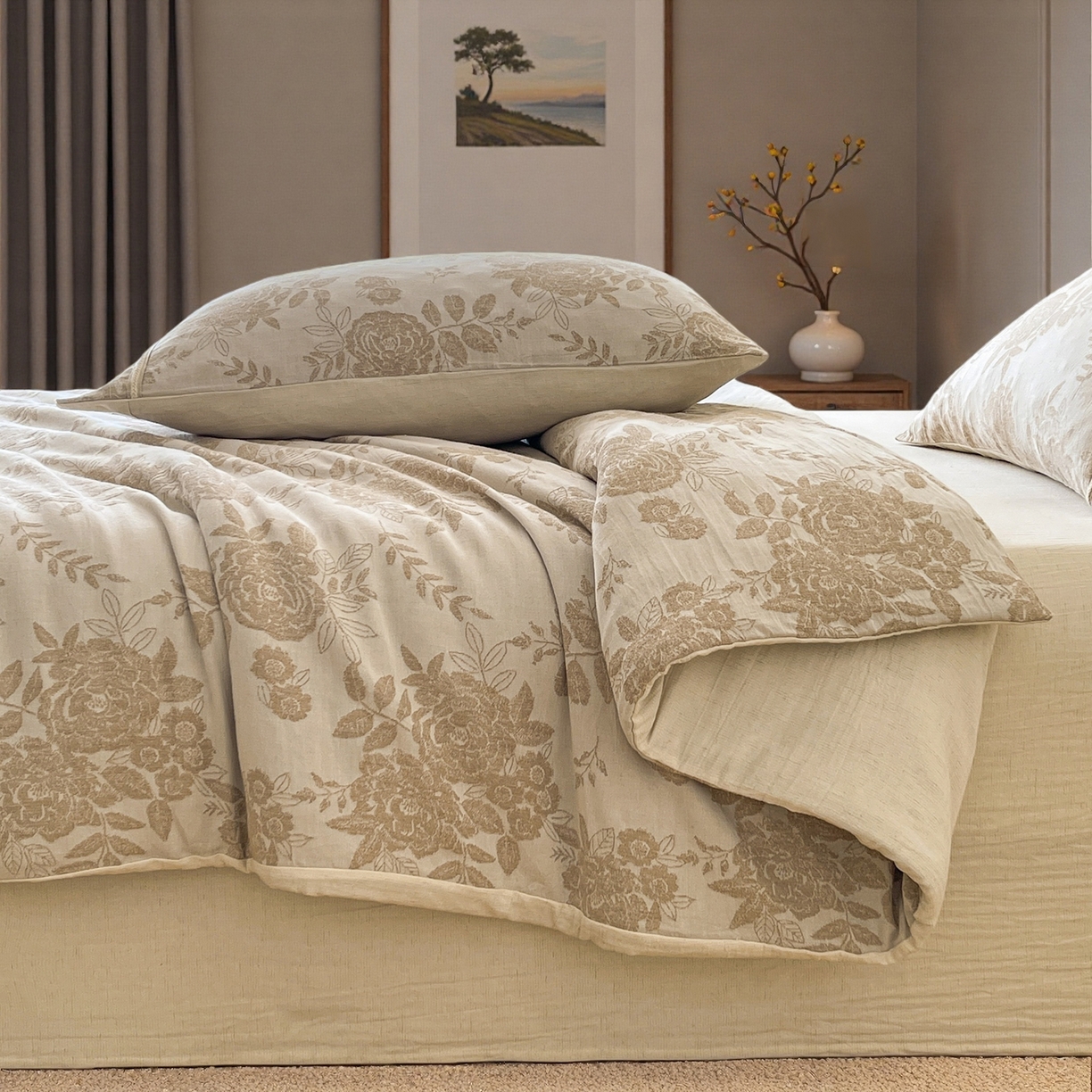 91家纺网 家纺一手货源 找家纺 树下 2026新款A类色织提花纽扣款棉麻四件套 笙花