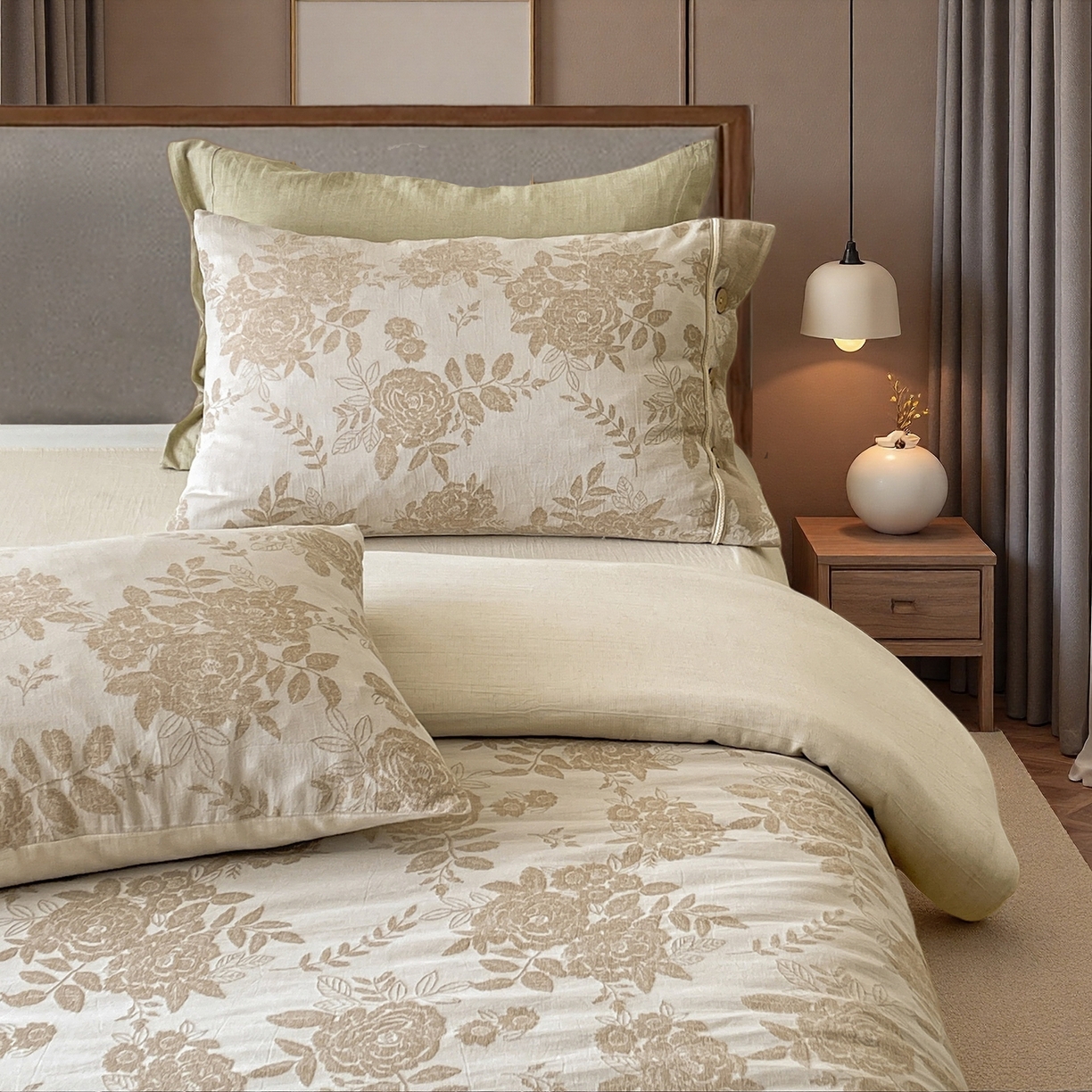 91家纺网 家纺一手货源 找家纺 树下 2026新款A类色织提花纽扣款棉麻四件套 笙花