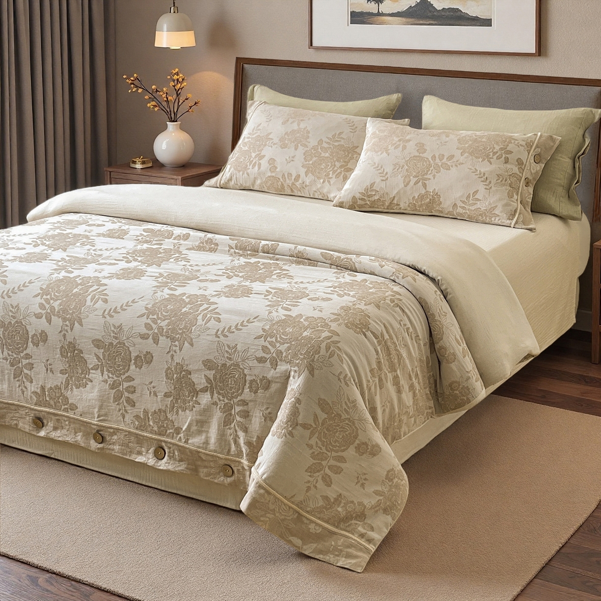 91家纺网 家纺一手货源 找家纺 树下 2026新款A类色织提花纽扣款棉麻四件套 笙花