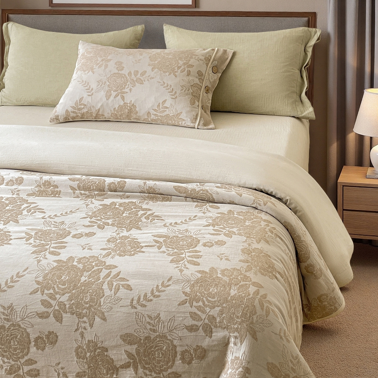 91家纺网 家纺一手货源 找家纺 树下 2026新款A类色织提花纽扣款棉麻四件套 笙花