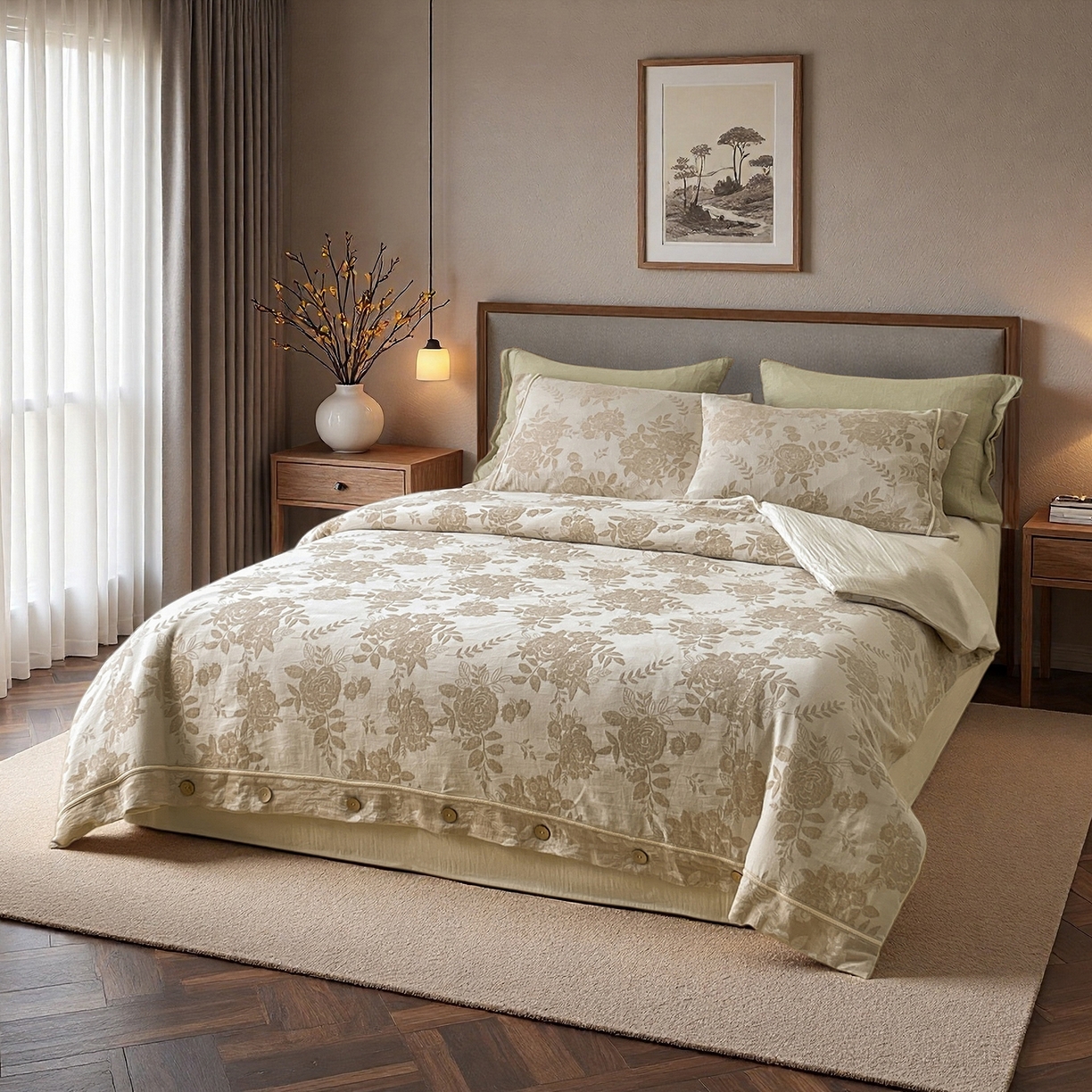 91家纺网 家纺一手货源 找家纺 树下 2026新款A类色织提花纽扣款棉麻四件套 笙花