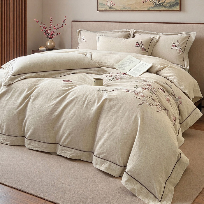 91家纺网 家纺一手货源 找家纺 树下 2026新款A类棉麻刺绣床单款四件套 花间絮语