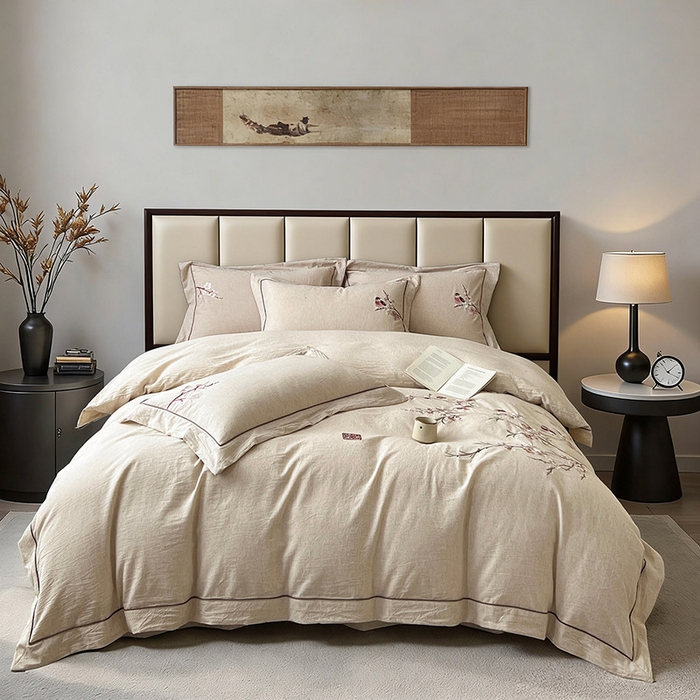 91家纺网 家纺一手货源 找家纺 树下 2026新款A类棉麻刺绣床单款四件套 花间絮语