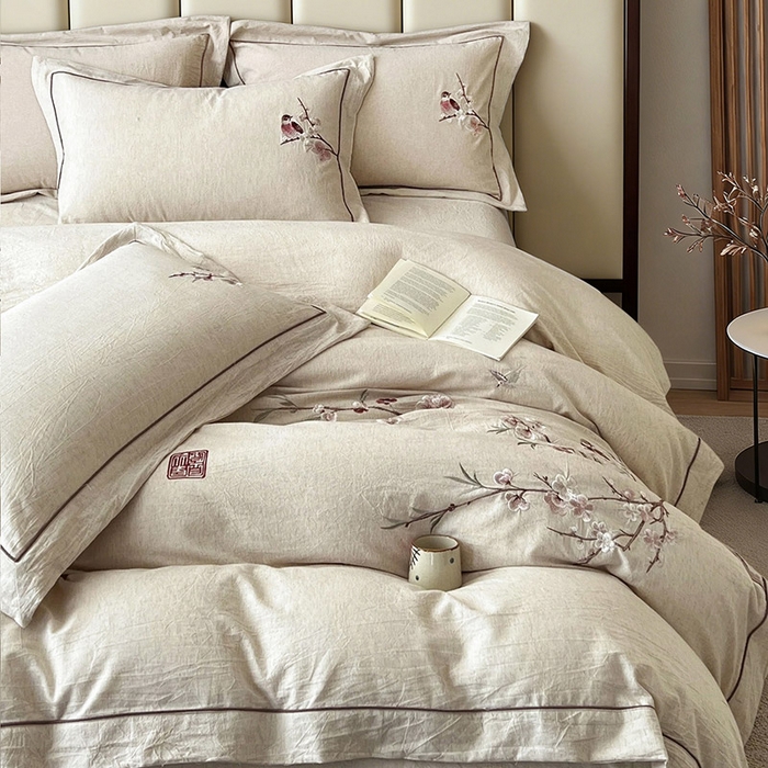 91家纺网 家纺一手货源 找家纺 树下 2026新款A类棉麻刺绣床单款四件套 花间絮语