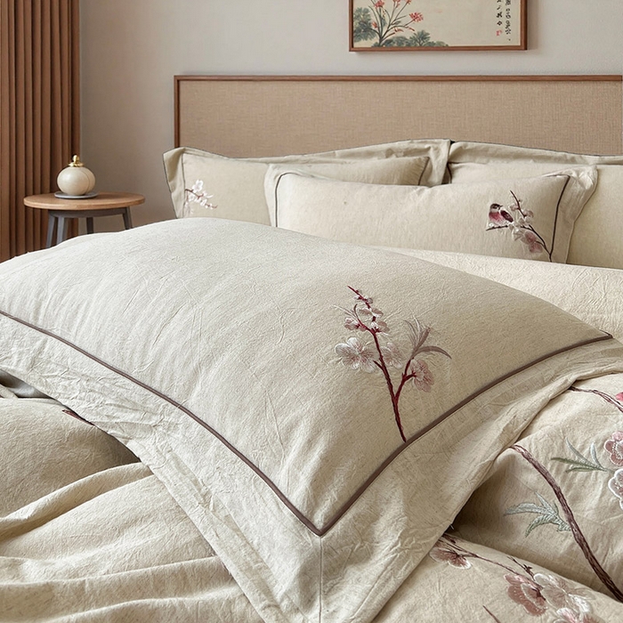 91家纺网 家纺一手货源 找家纺 树下 2026新款A类棉麻刺绣床单款四件套 花间絮语