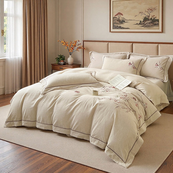 91家纺网 家纺一手货源 找家纺 树下 2026新款A类棉麻刺绣床单款四件套 花间絮语