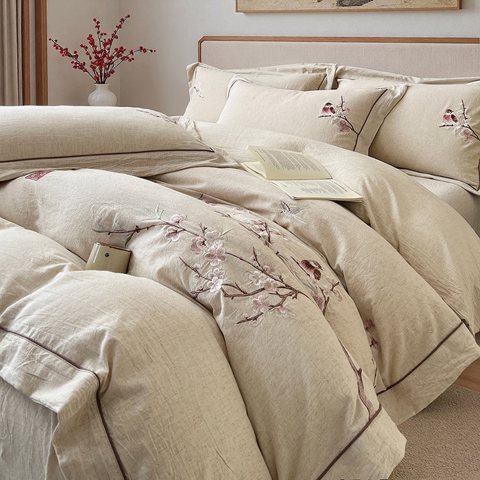 91家纺网 家纺一手货源 找家纺 树下 2026新款A类棉麻刺绣床单款四件套 花间絮语