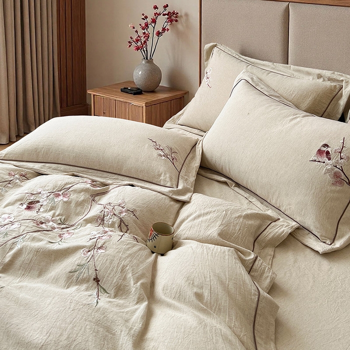 91家纺网 家纺一手货源 找家纺 树下 2026新款A类棉麻刺绣床单款四件套 花间絮语