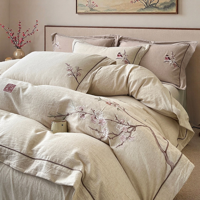 91家纺网 家纺一手货源 找家纺 树下 2026新款A类棉麻刺绣床单款四件套 花间絮语